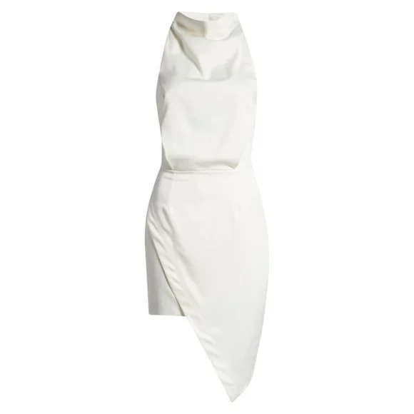 🆕ELLIATT Camo Asymmetric Satin Halter Dress Medium 6 White